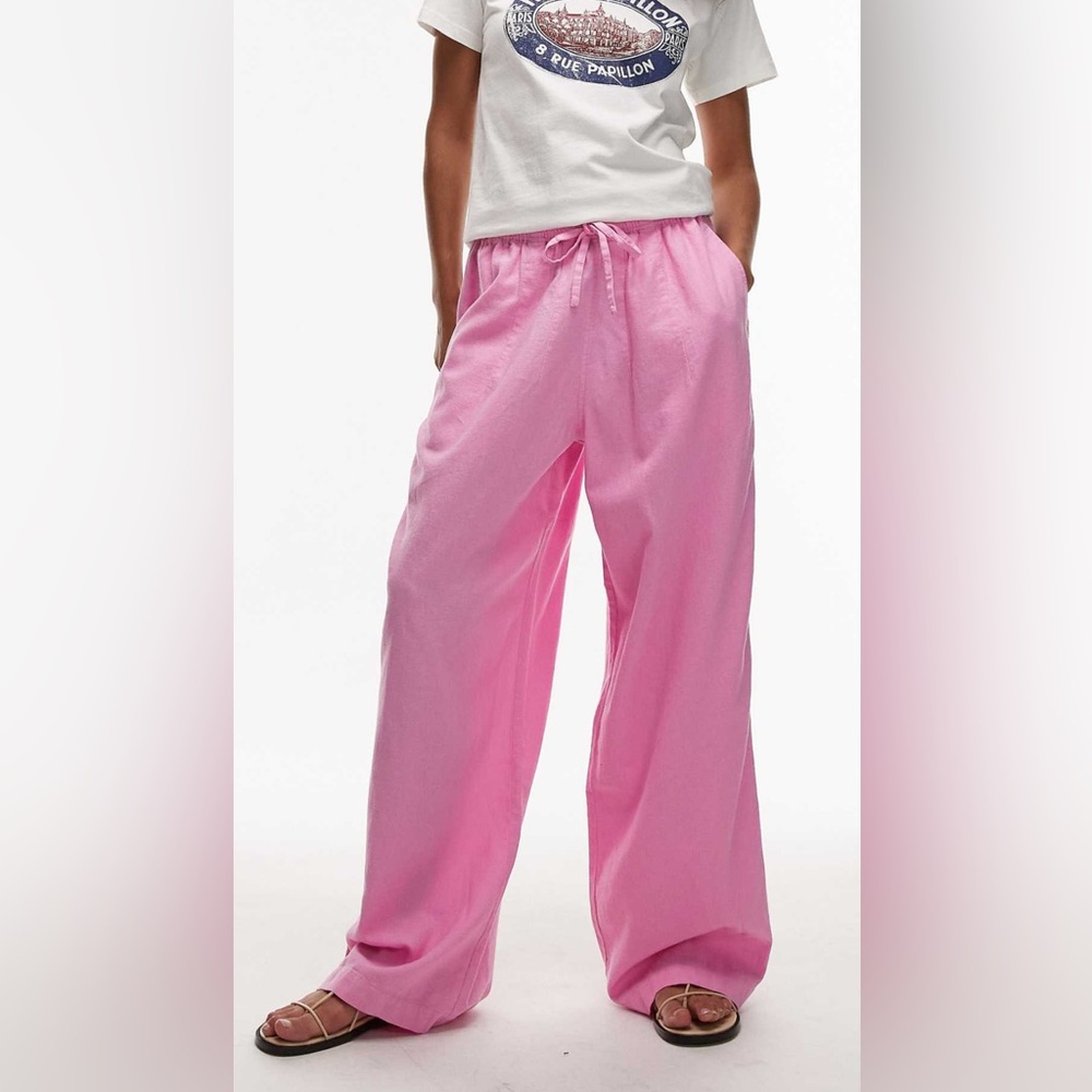 Topshop wide leg linen blend pants in pink - size XS